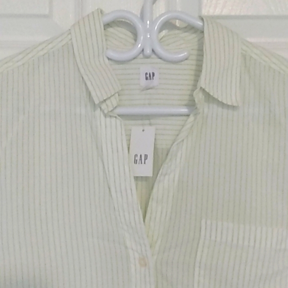 NWT GAP Cream button front Shirt Green Stripes Large - Picture 4 of 7